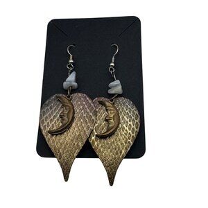 Bronze Crescent Moon & Textured Leaf Earrings With Gray Stone Accents